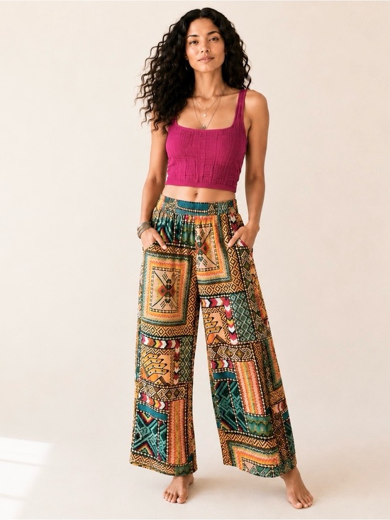 Haute Hippie Pants - Haute Hippie Linen Blend Boho Patchwork Wide Leg Crop Pants Pockets Women’s S